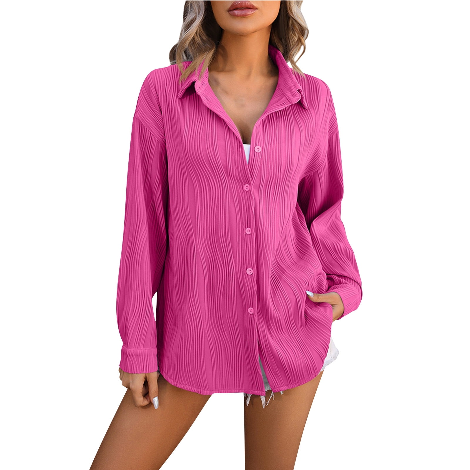 Ydkzymd Plus Size Button Down Shirts For Women Business Ribbed Textured