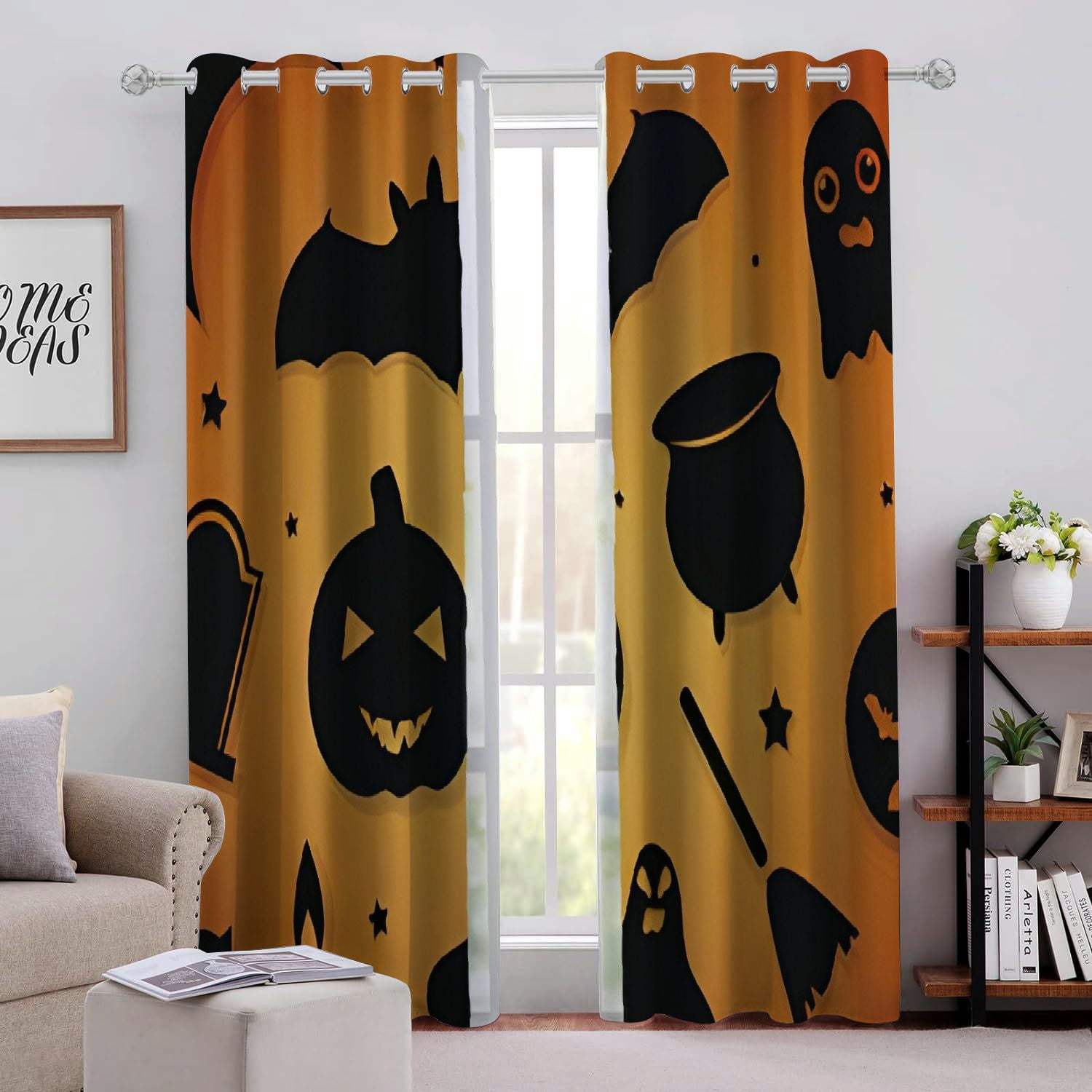 Ariverwillow Halloween Silhouette Blackout Curtains Bat Pumpkin