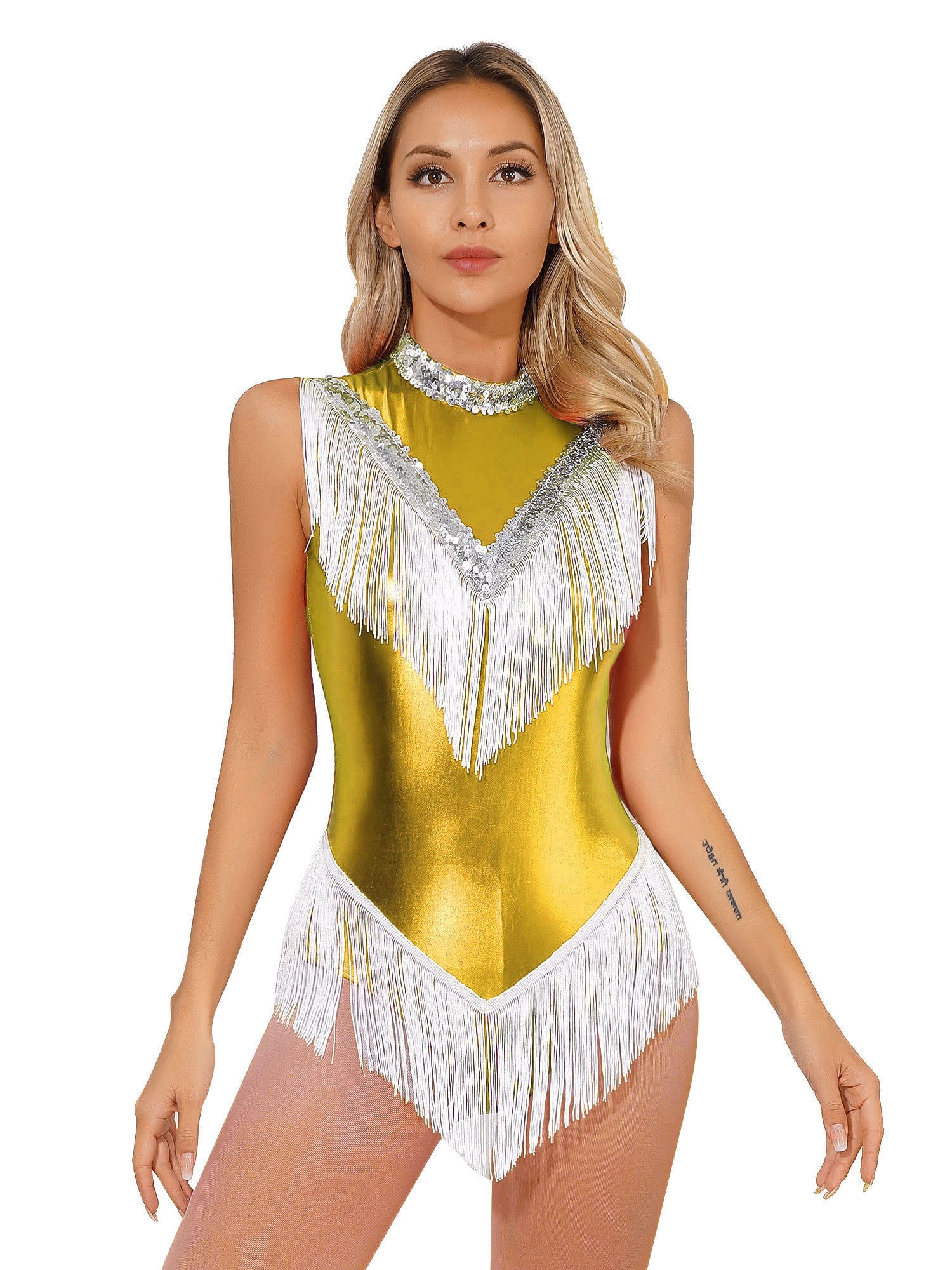 Inhzoy Womens Tassels Dance Leotard Shiny Metallic Contemporary Ballet