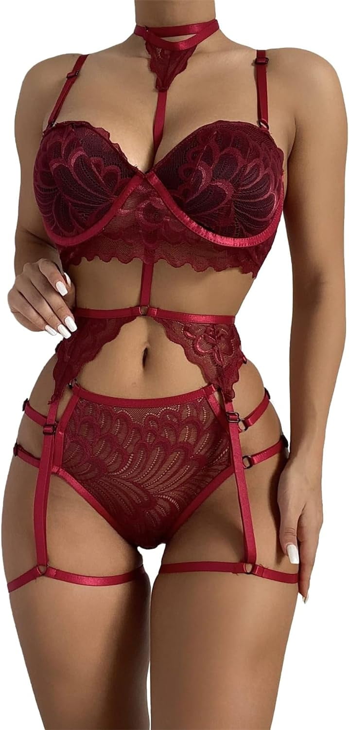 Osy Sexy Choker Floral Lace Underwire Push Up Garter Belt Lingerie Set