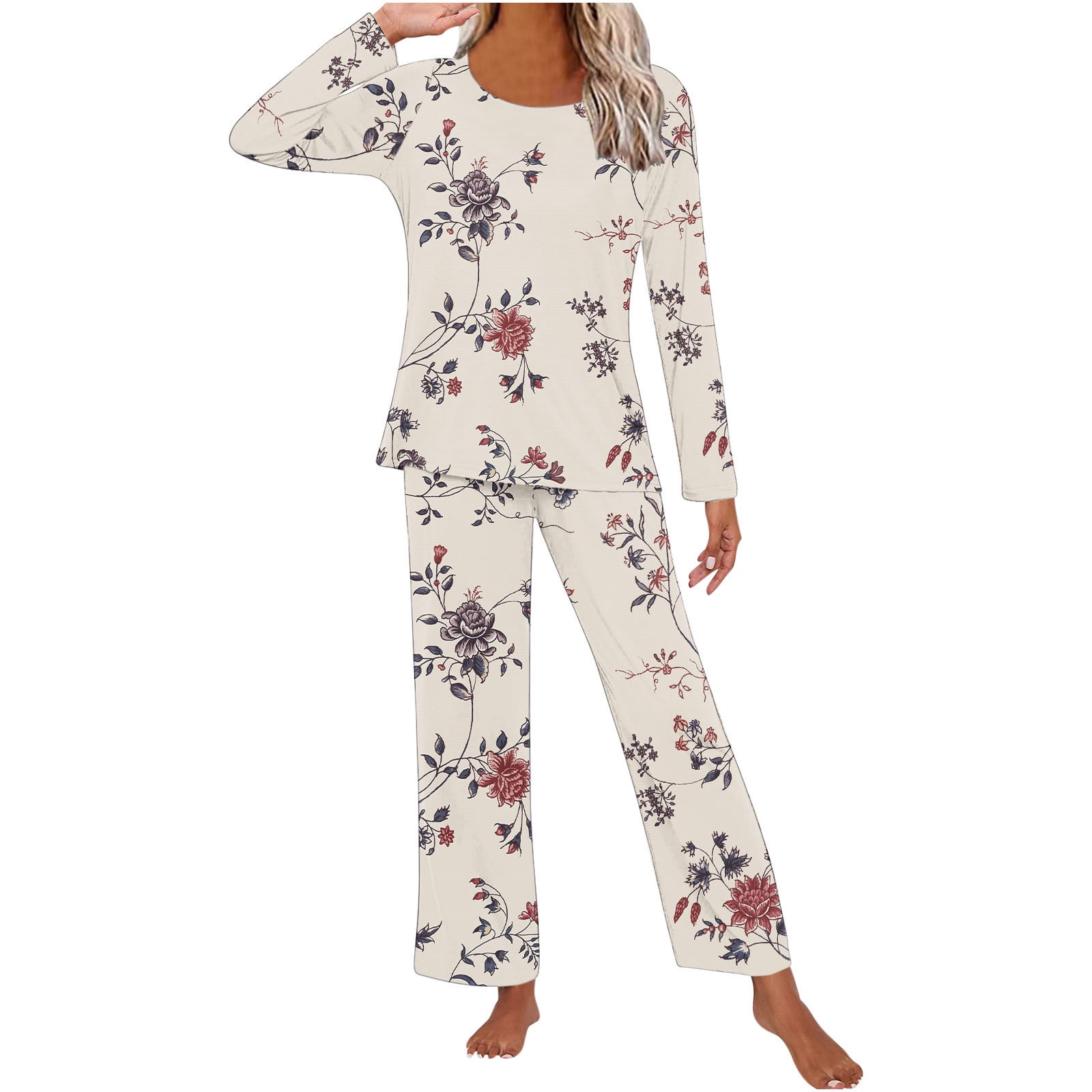 Qolati Womens Piece Pajama Sets Floral Print Long Sleeve Tops With