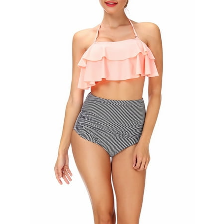 Fashion Juniors' Bikini Set Halter Ruffled Off Shoulder Flounce Swimsuit Top with High Waist Bottom Two Piece Swimsuit