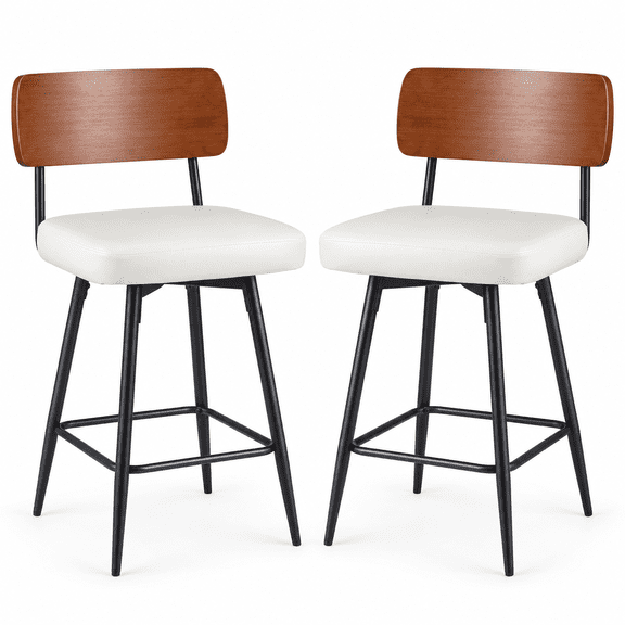 Furnibear Swivel Counter Stools Set of 2, 27 Inch Padded PU Leather Bar Stools with Metal Legs and Backrest for Kitchen Island, White