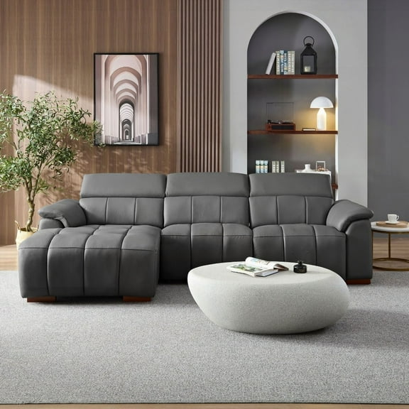 [Modern L-Shaped Electric Reclining Sofa in Dark Grey Genuine Leather with USB Port]