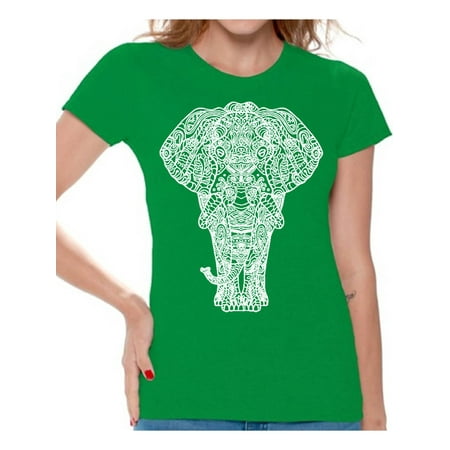 Indian Pattern Awkward Styles Elephant T-Shirt for Women Patterned Shirts for Ladies Women Fashion Collection Tracery Tshirt for Mom Indian Pattern T-Shirt for Her Gifts for Wife Elephant Shirts Animal T-Shirt ()