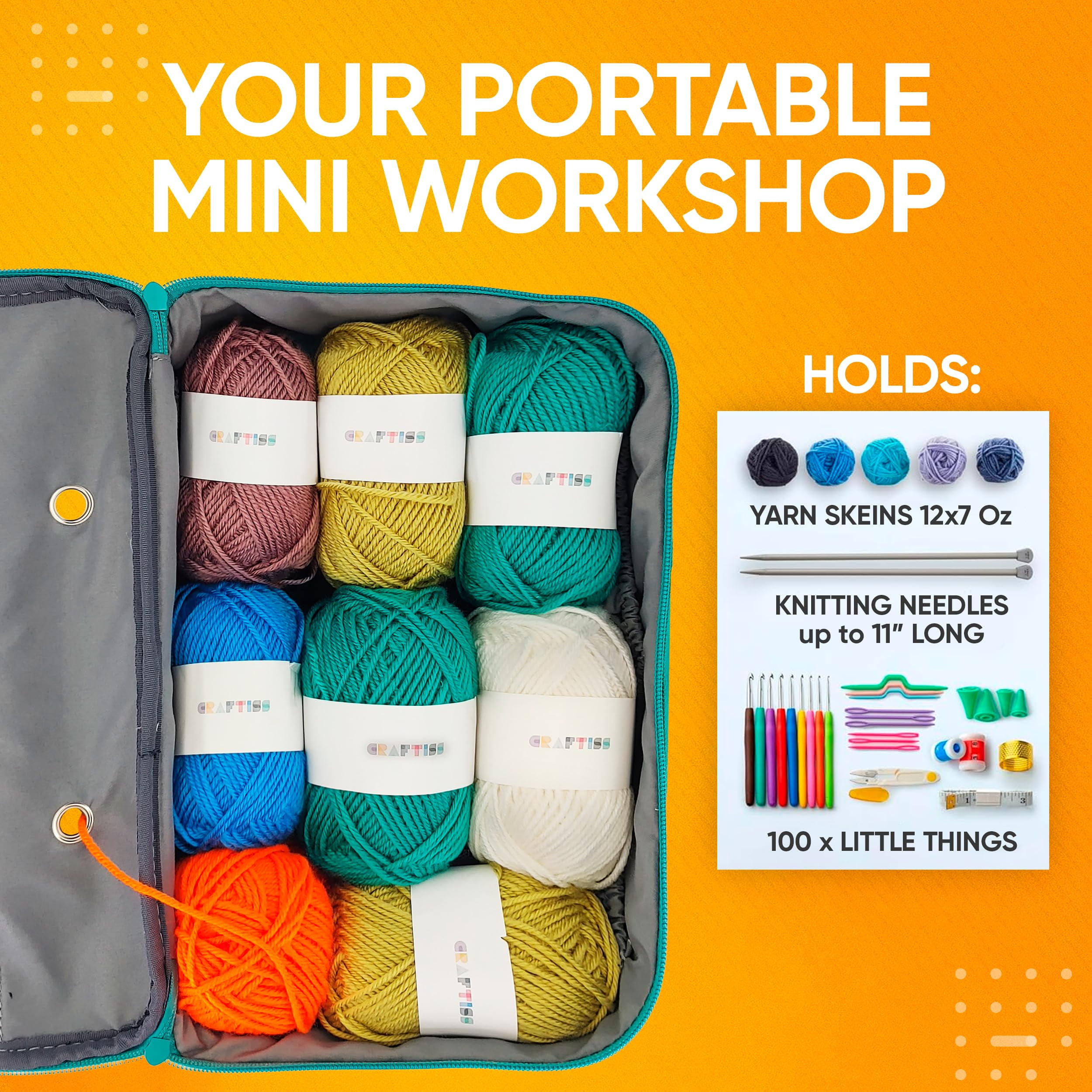 CRAFTISS Crochet Bag Yarn Storage - Perfect Gift - Durable Canvas Yarn Bag for Crochet Accessories - Organizer with Built-in Knitting Accessories Case