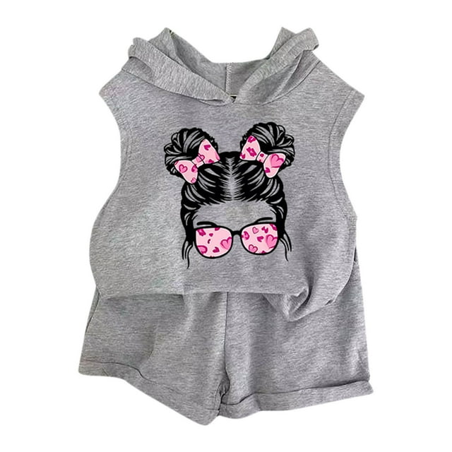 COM1950s Suits for Girls, Fashion Girls' Summer Hooded Set Printed Sleeveless Top Elastic Waist Shorts Two-Piece Set