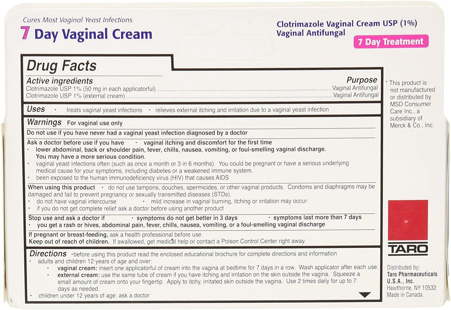 Taro Clotrimazole 7 Vaginal Antifungal Cream USP Reusable Applicator 45g, 2-Pack