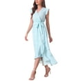 thumbnail image 4 of Vestido de verano midi sin mangas con estampado floral, escote en V, cinturón y volantes para mujer, azul, talla XS, 4 of 6