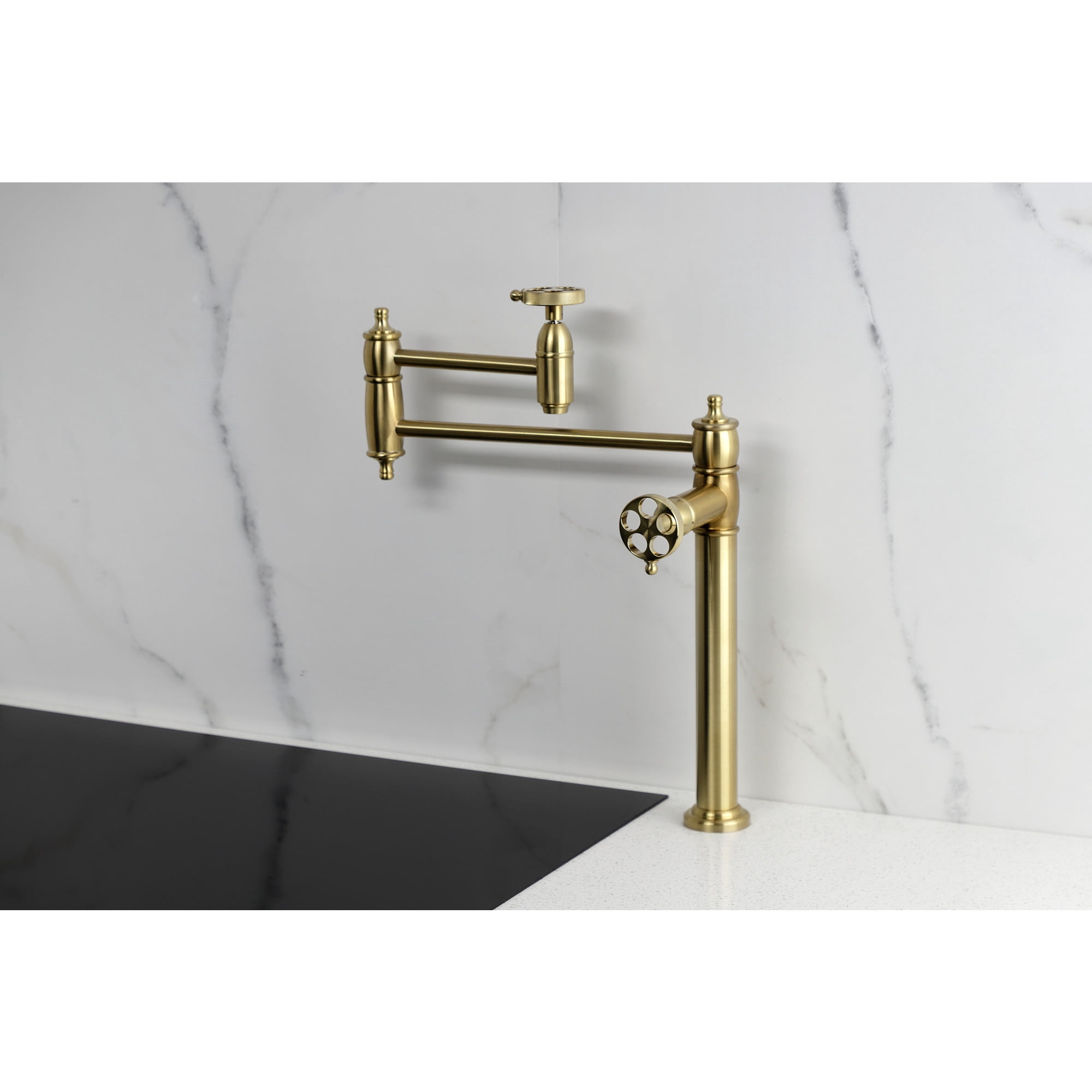 Kingston Brass KS3707RKZ Wendell Deck Mount Pot Filler Faucet with Knurled Handle, Brushed Brass