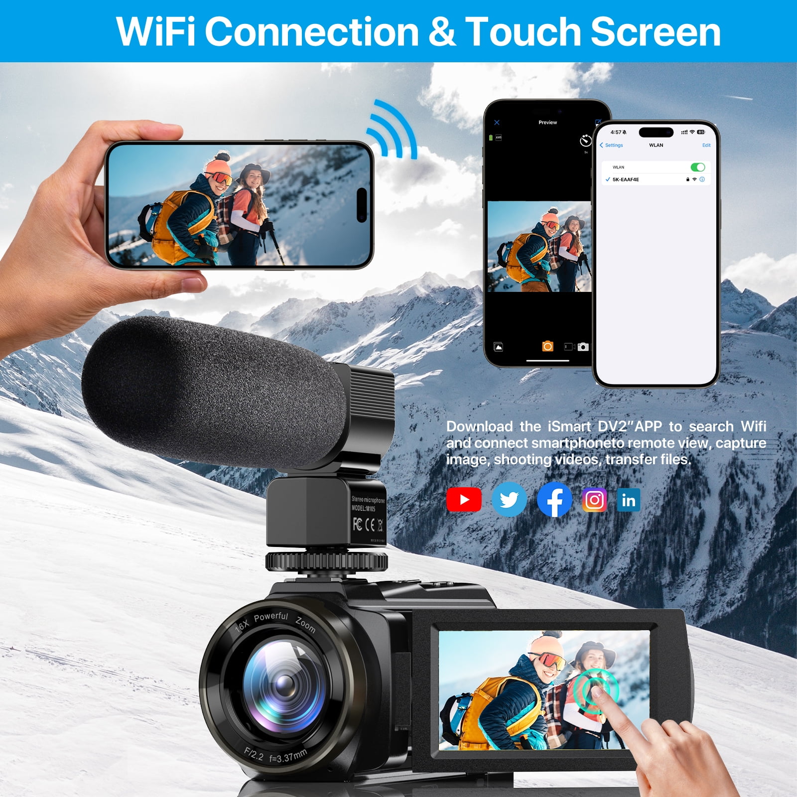 5K Video Camera Camcorder 48MP UHD Wifi IR Night Vision Vlogging Camera for YouTube with 32GB SD Card,16X Digital Zoom Touch Screen with External Microphone,2 Batteries