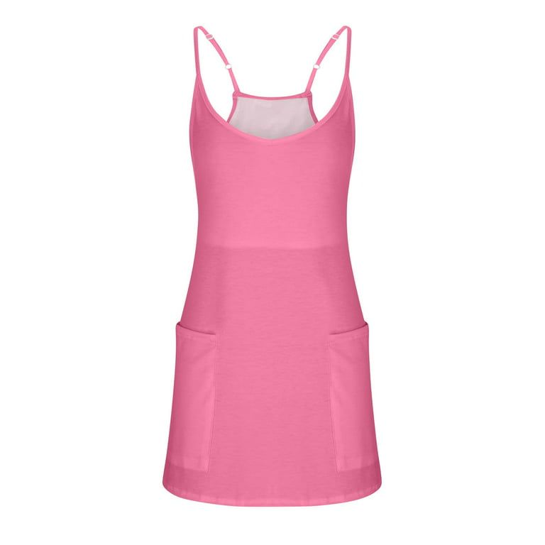 TQWQT Womens Summer Sleeveless Mini Dress V Neck Spaghetti Strap Sundress  Athletic Short Dress with Pockets Pink XL 