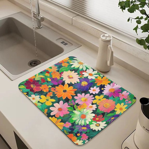 Colorful Flower Garden Dish Drying Mat for Kitchen Counter Absorbent Drainer Mats (15.7X11.8inch)