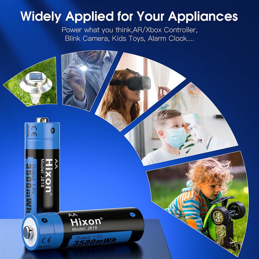 Hixon 1.5V Rechargeable Lithium AA Batteries, 8 Pack AA Li-ion Batteries with LCD Charger, 3500mWh High Capacity, 1600 Cycles, Long-Lasting, 1.5v Constant Output for Blink Security Cameras, RC Tyos