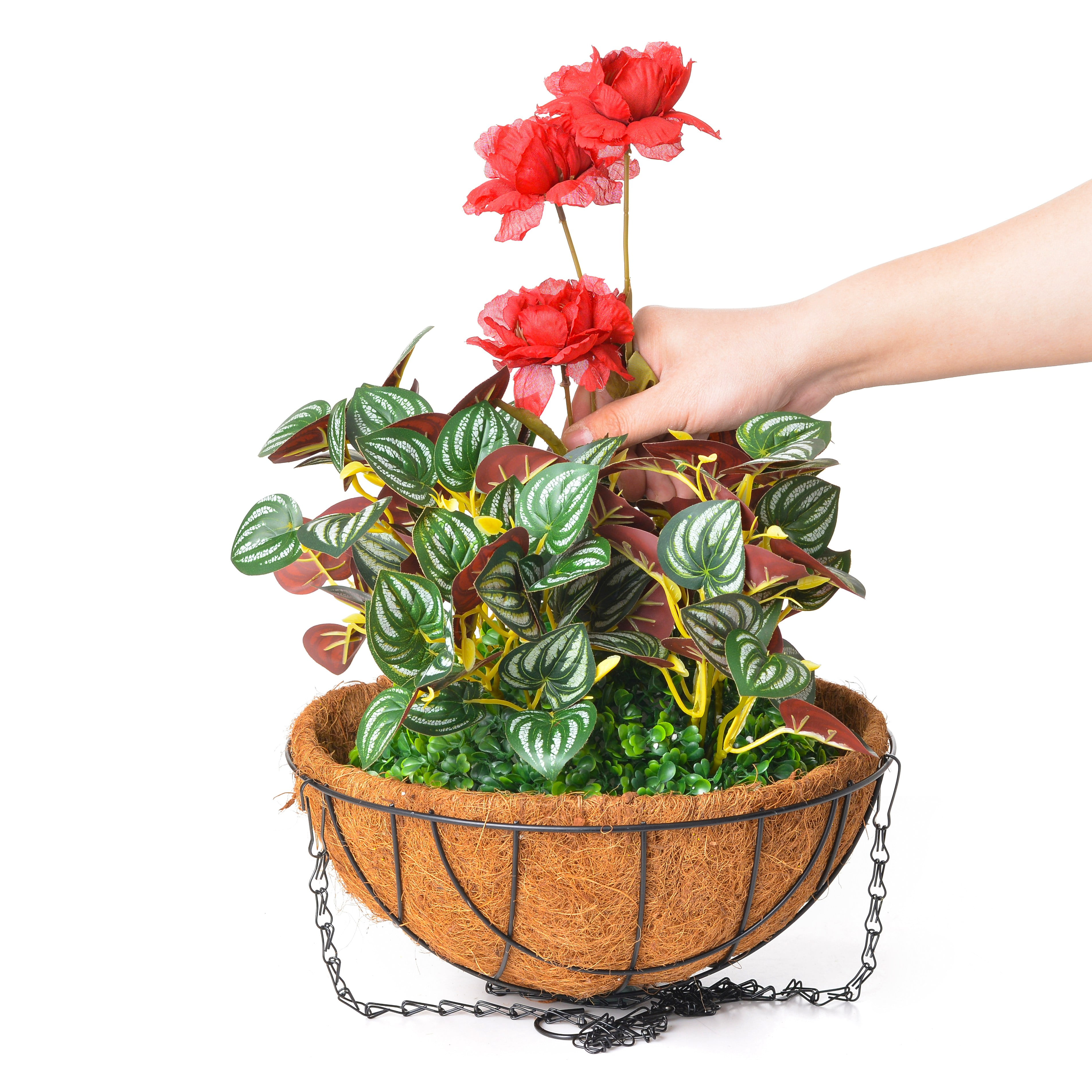 INXUGAO Red Artificial Silk Gardenia Flowers in 12 inch Coco Lining Hanging Baskets