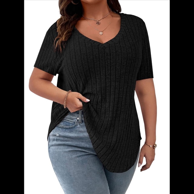 Blusas Casuales de Talla Grande para Mujer, Cuello en V, Color Liso, Ligeras y de Corta. Negro 4XL