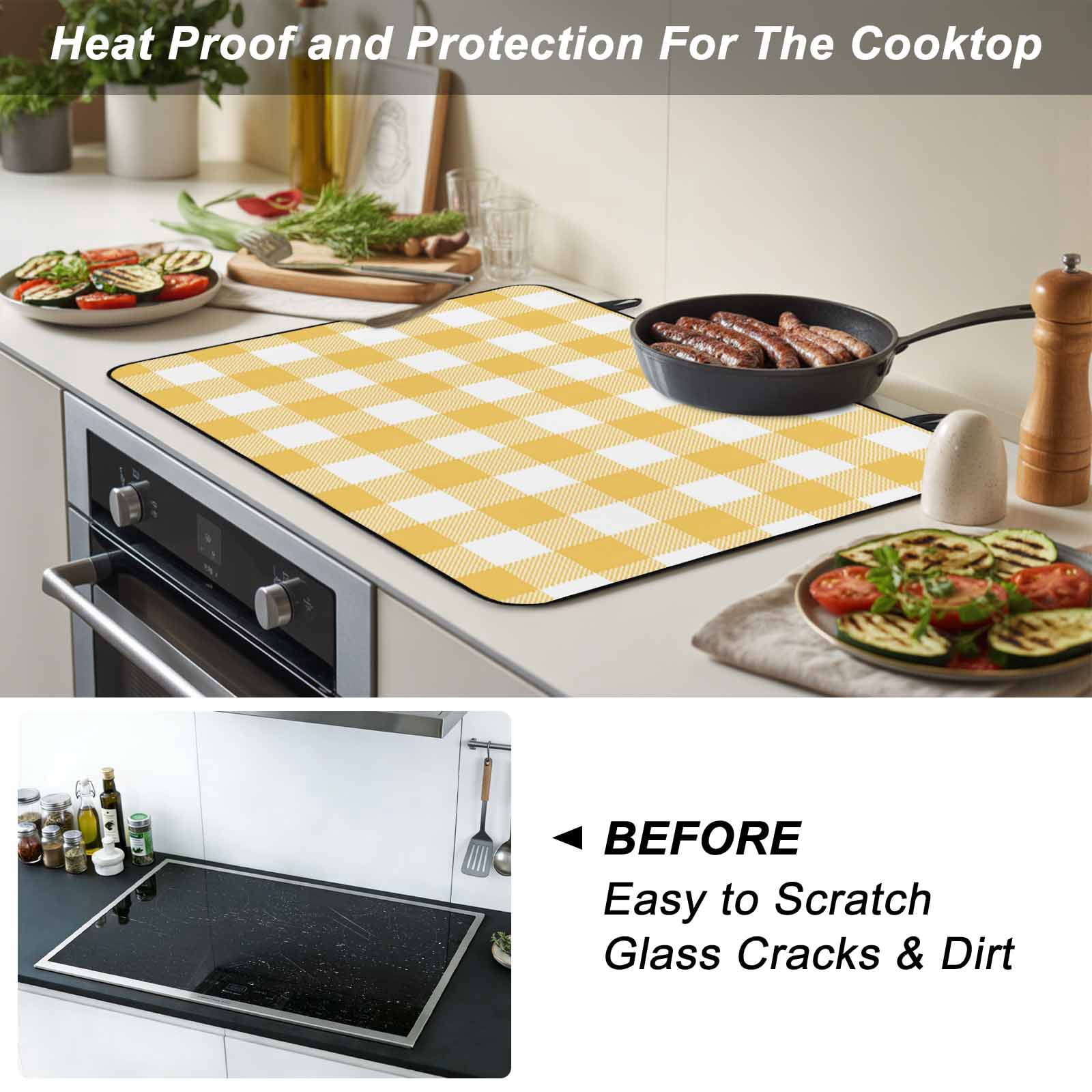 Plaid Yellle, Stove Top Cover for Electric Stove, Heat-proof & Non Slip Glass Top Stove Cover Protector, Rural Abstract Geometric Lattice Kitchen Flat Cooktop Rubber Mat 24x21 Inches