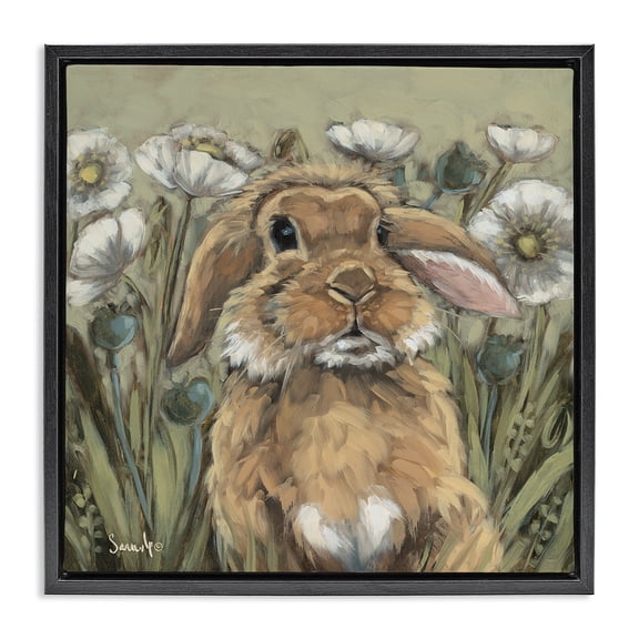 Stupell Industries Rustic Lodge Rabbit in Poppy Garden Black Floating Frame Canvas Art, 18 x 18, by Sara G. Designs