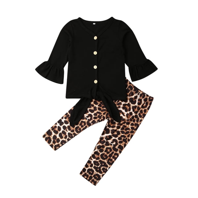 TheFound 2PCS Clothes Set Baby Girls Lama Sleeve Solid Color Button Top + Leopard Elastic Waist Pants Outfit