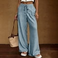 thumbnail image 7 of Womens Striped Linen Wide Leg Pants Drawstring Waist Loose Palazzo Pants with Side Pockets Summer Beach Boho Trousers Blue L, 7 of 7