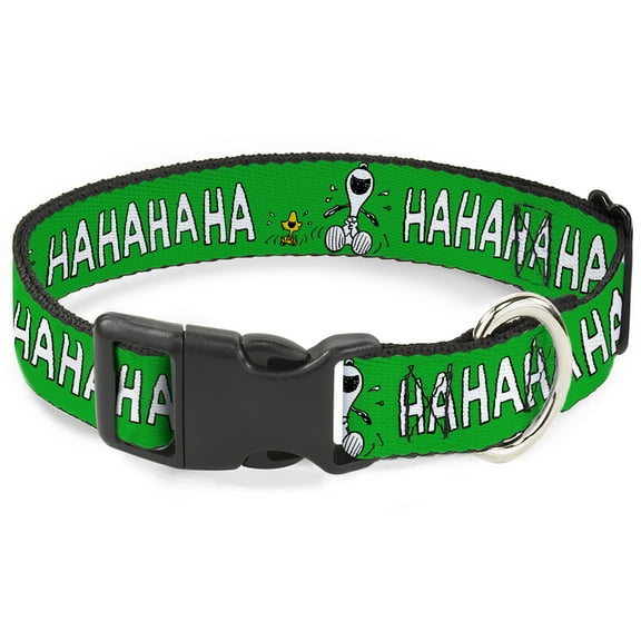 Peanuts Worldwide LLC Pet Collar, Dog Collar Plastic Buckle, Peanuts Snoopy and Woodstock Laughing HaHa Pose Green, 7 to 8.5 Inches 0.5 Inch Wide