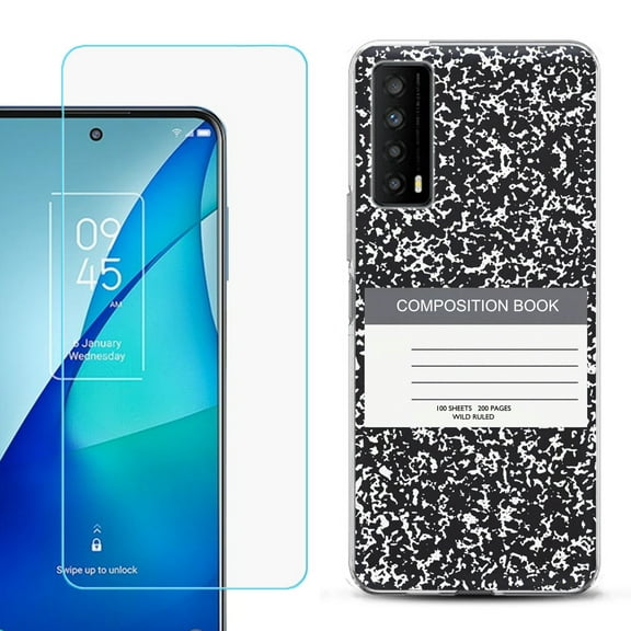 Slim-Fit Gel TPU Phone Case for TCL Stylus 5G, with Tempered Glass Screen Protector, by OneToughShield ® - Composition Book