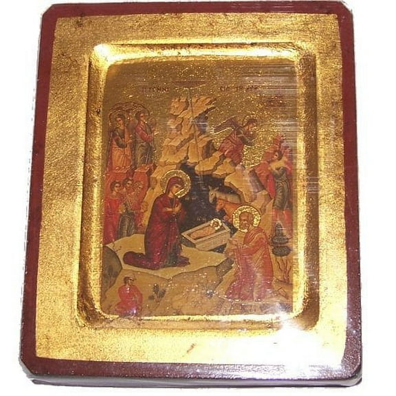 Holy Land Market Nativity of Our Lord Icon with Sheets of Gold (Lithography) (5 x 4 Inches)