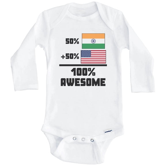 50% Indian 50% American 100% Awesome Funny Flag One Piece Baby Bodysuit (Long Sleeve), 0-3 Months White