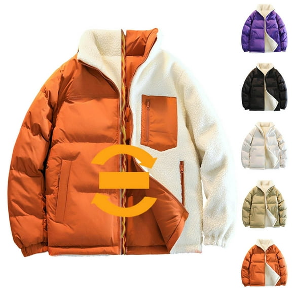 hlysgo Mens Reversible Winter Jackets Warm Sherpa Fleece Zip up Puffy Jacket no Hood Thermal Stand Collar Quilted Puffer Coats Orange XXXL
