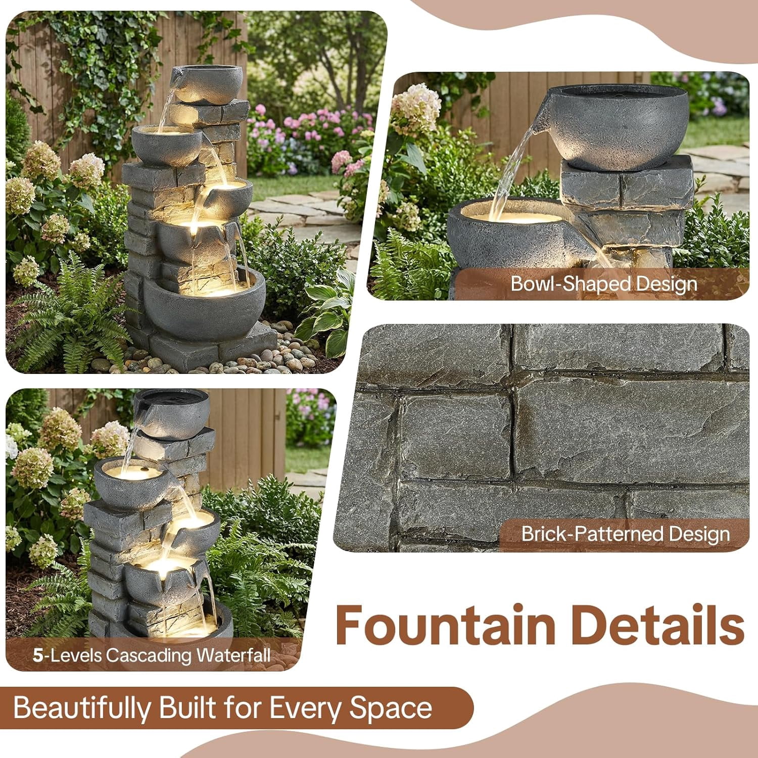 HOMEDIARY Modern 33" Tall Outdoor Water Fountain, Large 5-Tier Cascading Bowls Waterfall Fountain with LED Lights, Stone Texture Floor-Standing Resin Water Feature for Deck, Patio, Backyard & Indoor