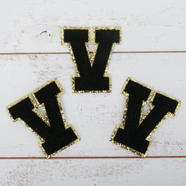3 Pack Chenille Iron On Glitter Varsity Letter V Patches - Black