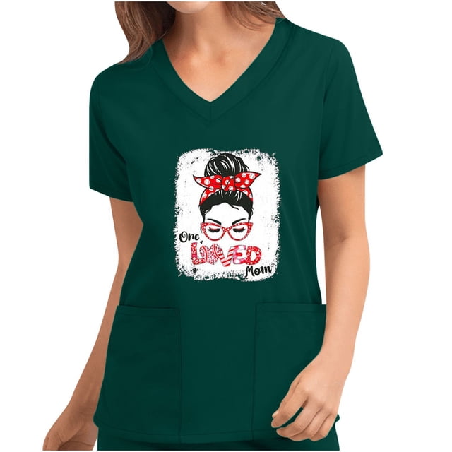 Mujeres de manga corta con cuello en V Tops Uniforme Día de la madre Impreso Bolsillos Blusa Enfermería Pompotops hkajfhjk465104