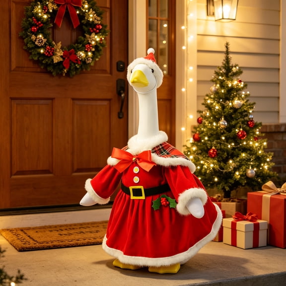 23 Inch Christmas Porch Goose Clothes, Red Santa Hat Dress Costume for Yard Goose Decoration, Holiday Garden Lawn Patio Outdoor Decor Ornament Gift