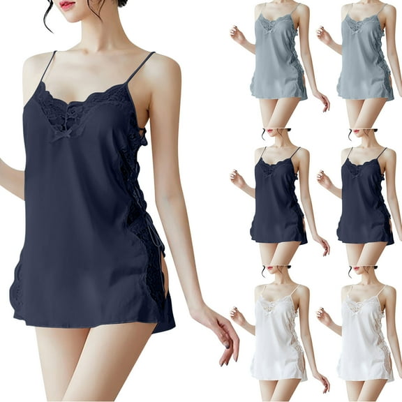 Elainilye Fashion Womens Pajamas Sexy Plain Print Lace V-Neck Bandage Backless Short Sleepshirts Nighties Sleepwear,Blue