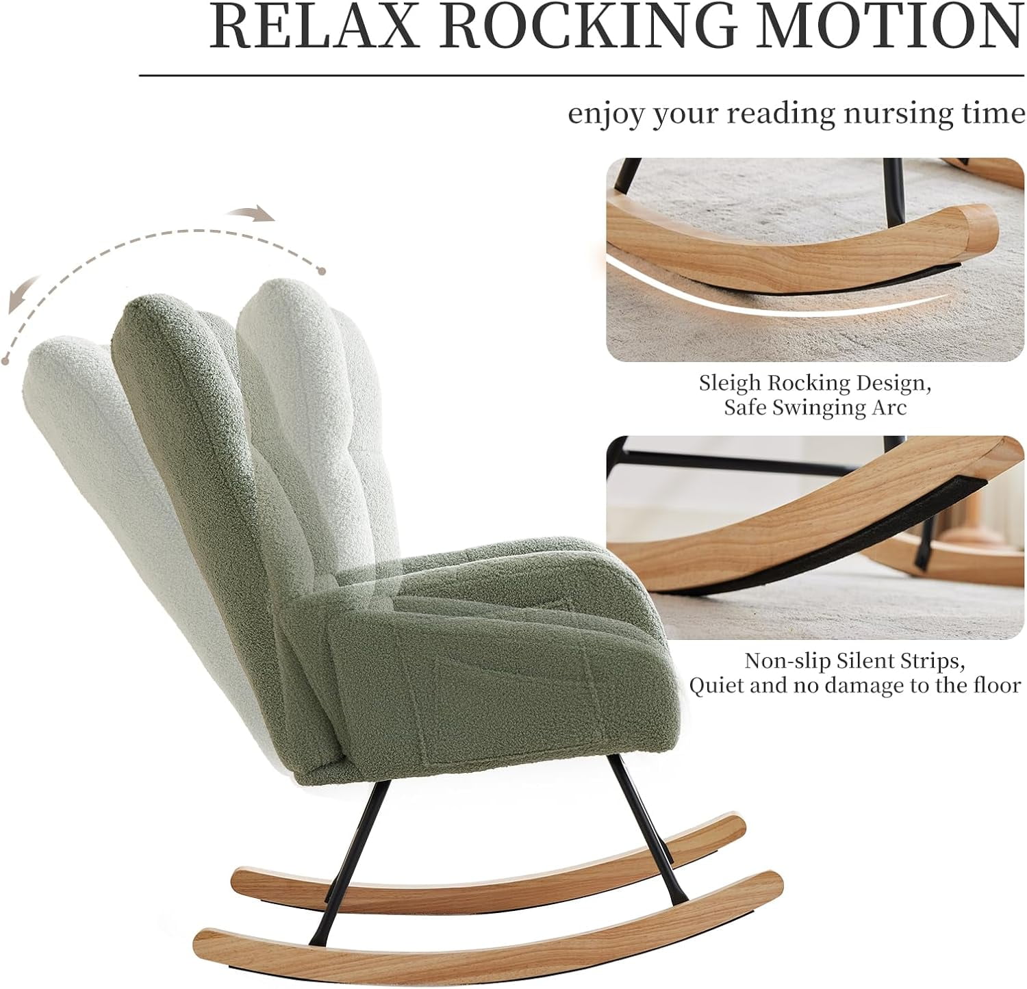 Comfy Rocking Chair Nursery, Teddy Upholstered Glider Chair w/ High Backrest Armrest Side Pockets