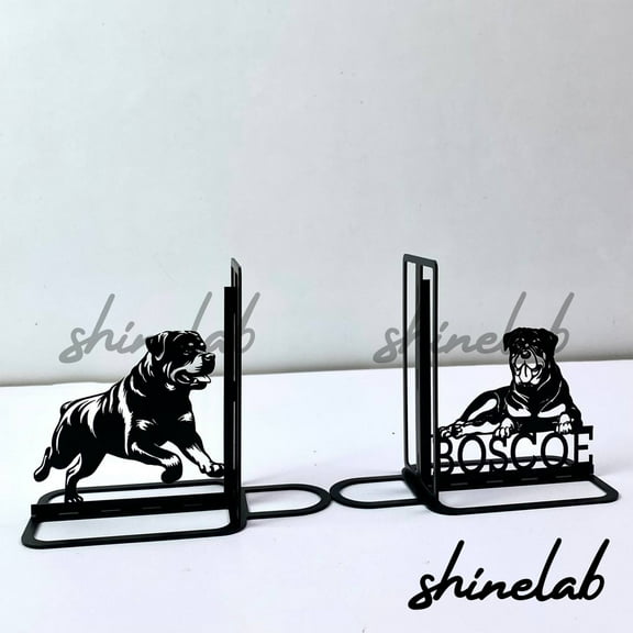 Shinelab Rottweiler Dog Metal Bookends Custom Family Dog Name Bookend Gift, Pet Desk Bookshelf Decor 7133