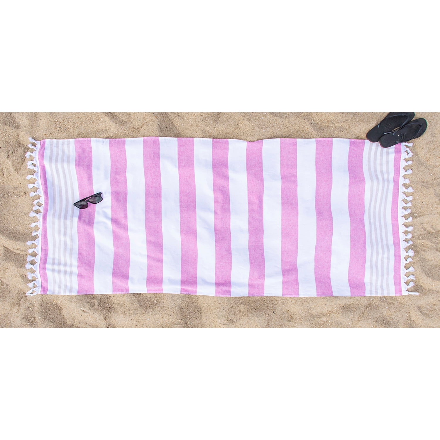 Superior Summery Stripe Fouta Cotton Beach Towel with Fringe, 35" x 68"