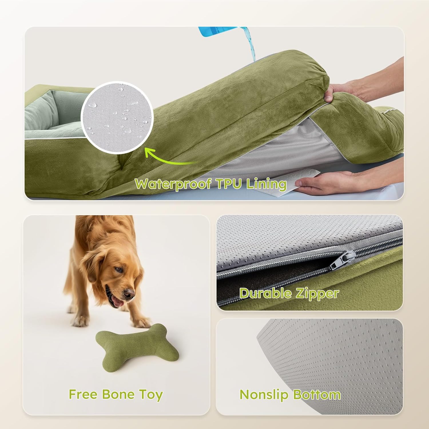 XXL Dog Bed for Extra Large Dogs, Giant Orthopedic Dog Bed with Cooling Gel Memory Foam, Waterproof Pet Bed with Removable Washable Cover, 53" Pet Sofa Bed Dutch Velvet with Bone Toy, Dark Green