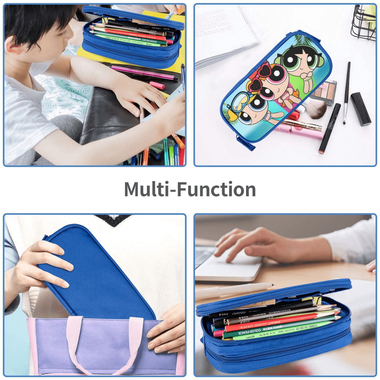 The Powerpuff Gi-rls Pencil Case Large Capacity Pencil Pouch Penbag Office Stationery Organizer Travel Makeup Bag Blue