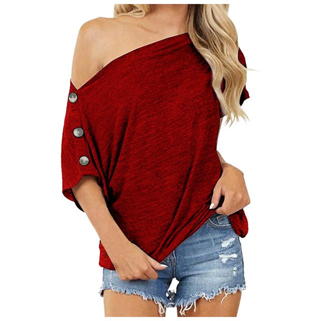 CHGBMOK Plus Size Womens Summer Tops Fashion Womens Solid Color Off The Shoulder Button Short Sleeve Tops Blouses Summer Beach Tops on Clearance