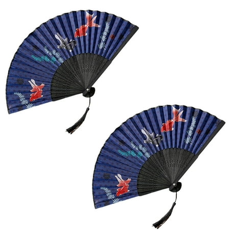 

YIMIAO 2Pcs Tassel Decor Faux Silk Cloth Folding Fan Butterflies Print Chinese Style Hanfu Small Bamboo Fan Party Favors