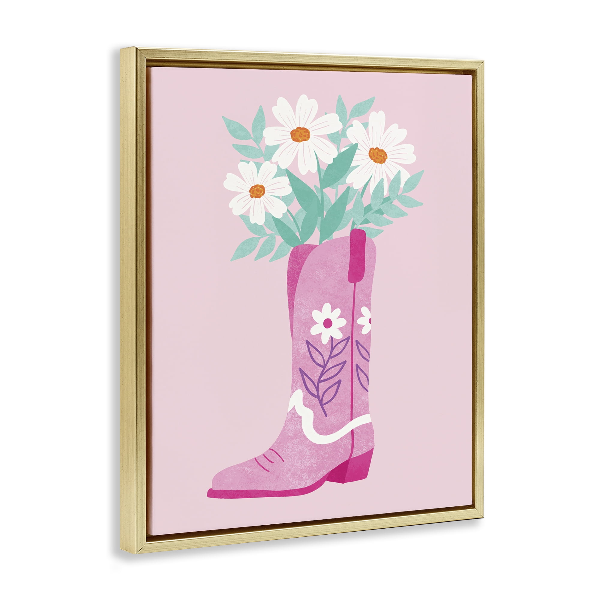 Stupell Industries Retro Cowgirl Bouquet Plants & Flowers Painting Gold Floater Framed Canvas Art Print Wall Art, 17 x 21