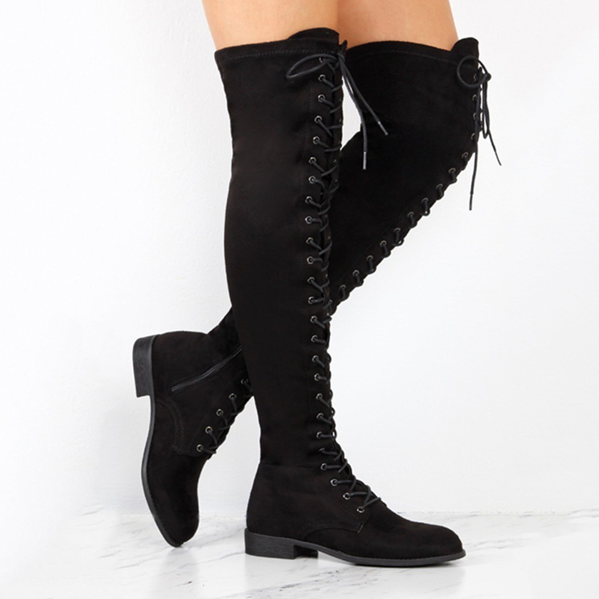 Women Over The Knee Boots Ladies Chunky Sole Knitted Thigh High Sock Biker Shoes