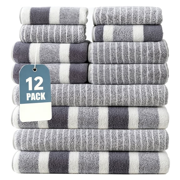Bath Towel Set of 12 Piece,AILKIN Soft Cozy Washing Bathing Towels Plush,Including 4 Washcloths Face Towels,4 Hand Towels for Bathroom,4 Bath Towels Set,White Gray