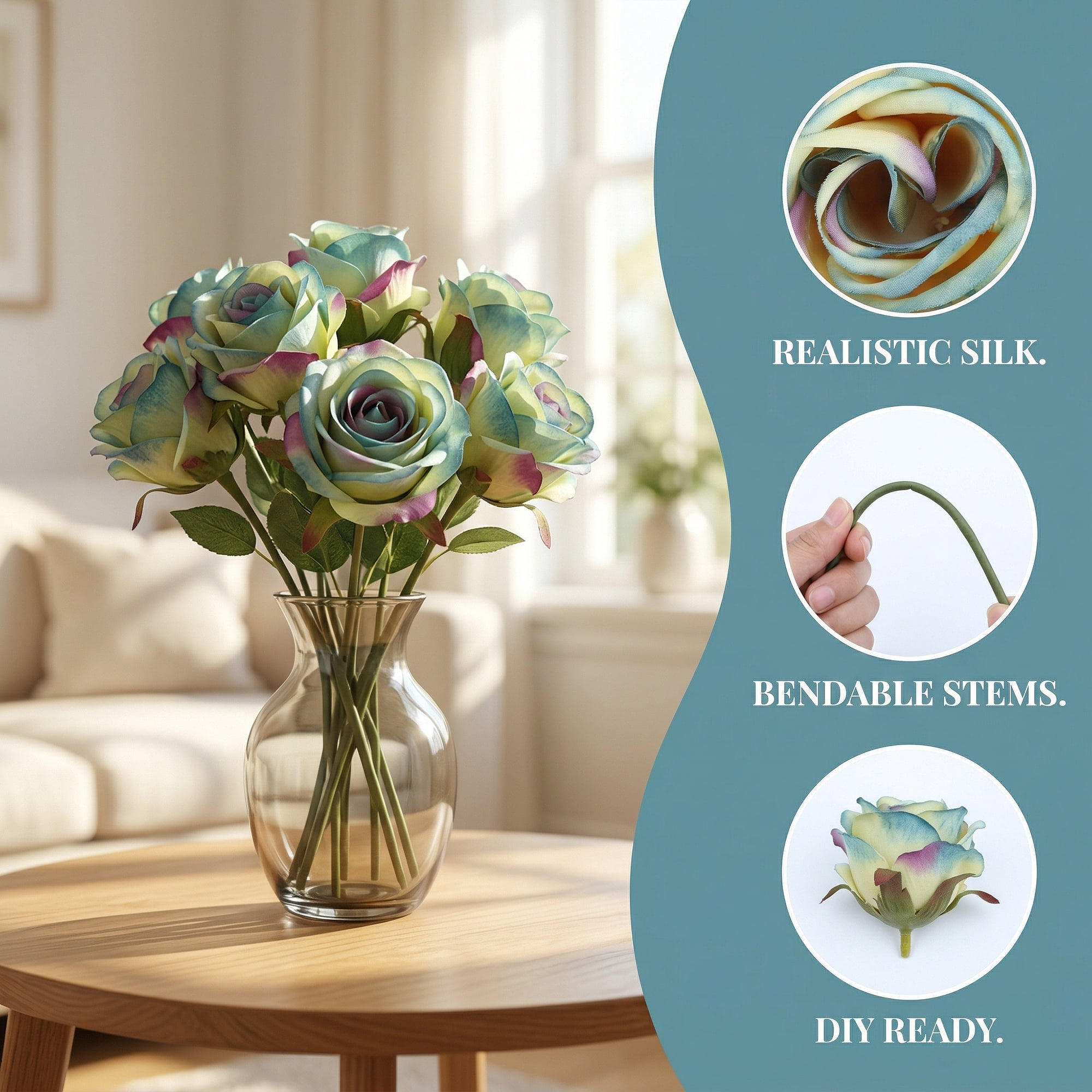 Unique Bargains 10Pcs Artificial Rose Flowers Petite Silk Bouquets Blue Border 8.1 in