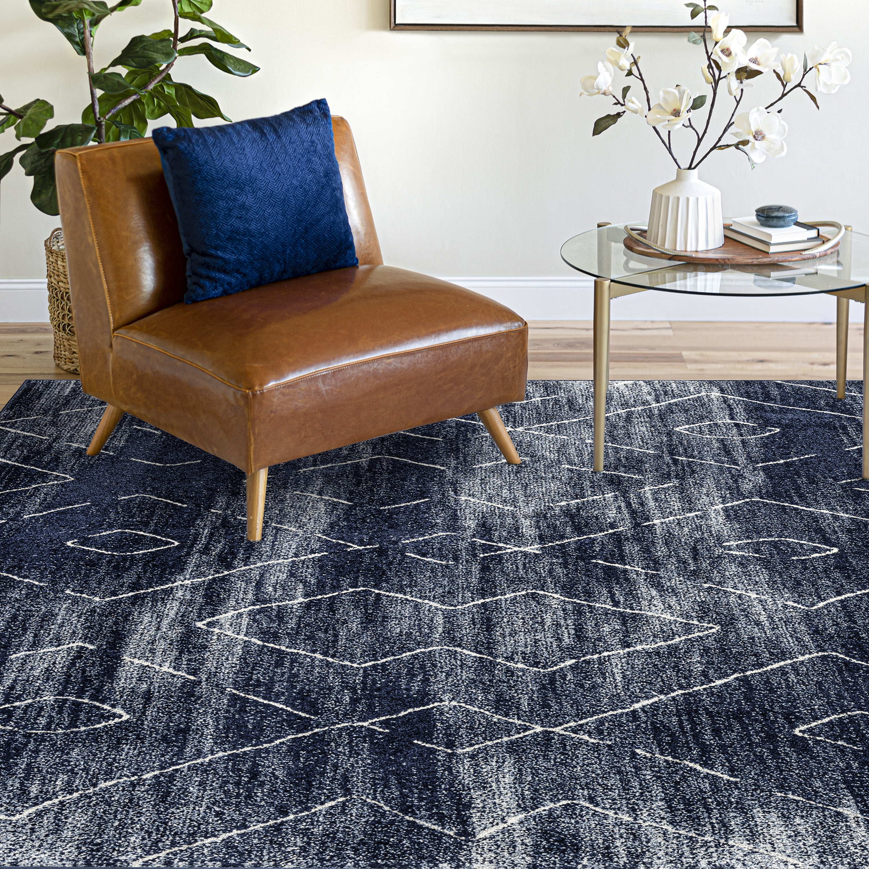 Contemporary 8x10 Area Rug (7'11'' x 10'3'') Geometric Navy, Cream Living Room Easy to Clean