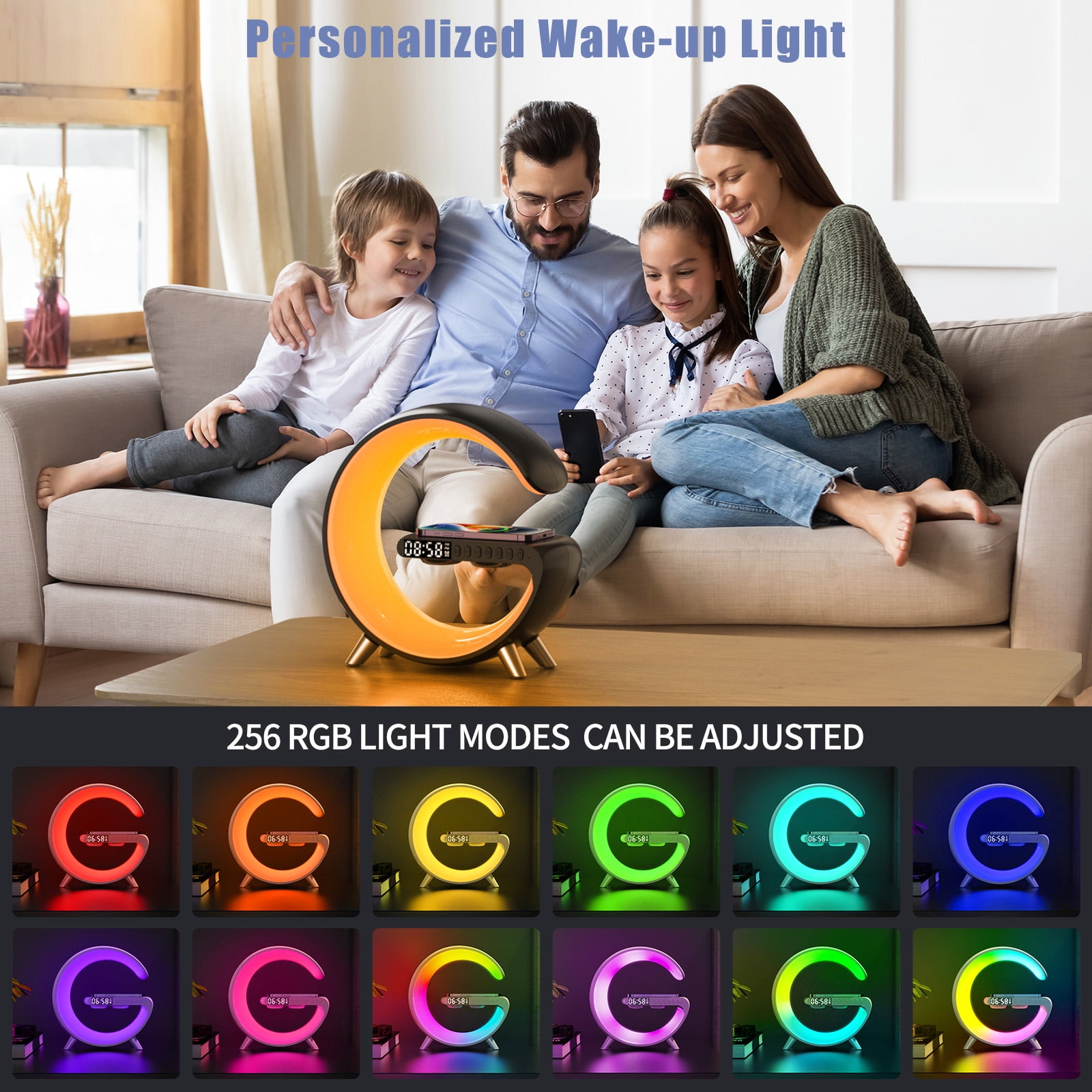 【Ueasy】Small G - Shaped Multifunctional Bluetooth Speaker - 256 Lighting Modes, Alarm, Night Light, Wireless Charge, Call Answer