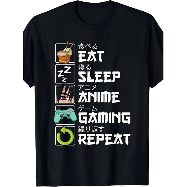 Men's "Eat, Sleep, Anime, Repeat" Graphic Tee - 100% Cotton, Short Sleeve, Crew Neck in Black with Colorful Icons - Casual Summer Wear
