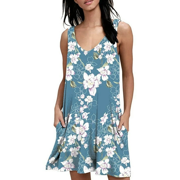 Gibobby Vestidos para Mujer Vestido sin mangas con bolsillo en la parte superior del y estampado de flores con cuello en V para mujer(Azul celeste,XL)