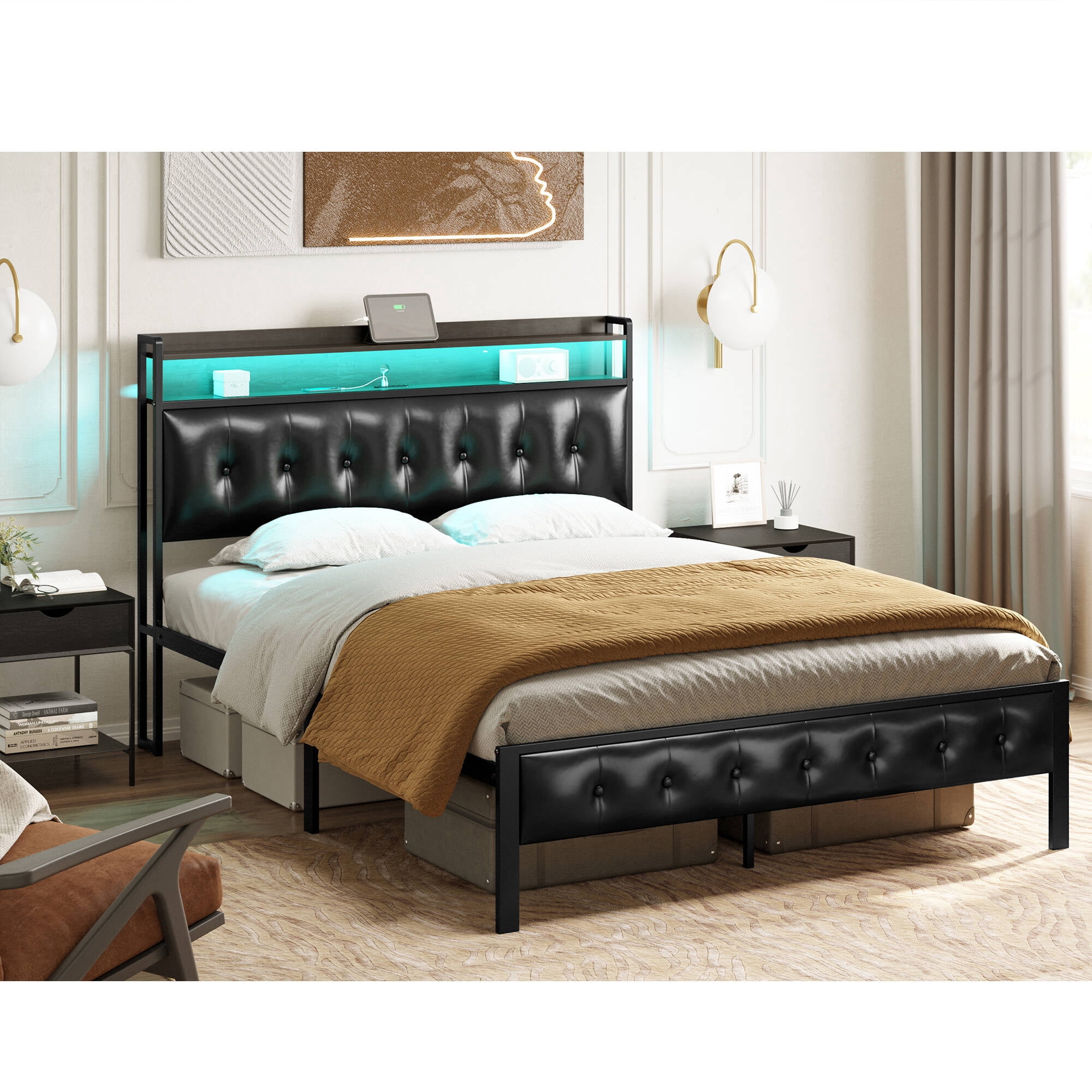 GUNAITO Full Size Bed Frame with PU Leather Storage Headboard & Footboard Upholstered Platform Bed with LED Lights USB Ports & Outlets Black